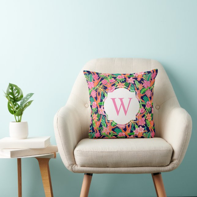 Preppy Palm Beach Print Marine Monogram Kussen (Stoel)