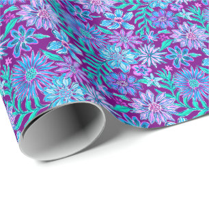 Preppy Palm Beach Print Paarse en blauwe bloemen Cadeaupapier