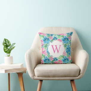 Preppy Palm Beach Print Roze Blauw Bloemen Monogra Kussen