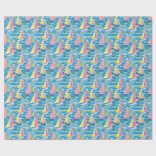 Preppy Palm Beach Print Roze en gele zeilboten Cadeaupapier (Vlak)