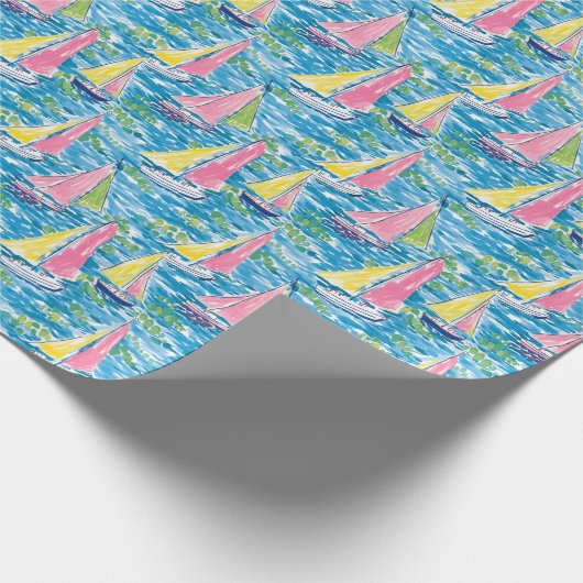 Preppy Palm Beach Print Roze en gele zeilboten Cadeaupapier (Hoek)