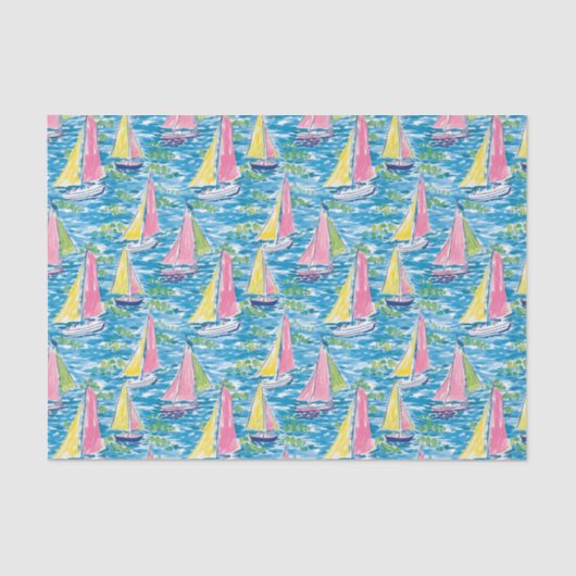 Preppy Palm Beach Print Roze en gele zeilboten Tissuepapier (Voorkant)