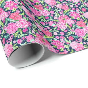 Preppy Palm Beach Print Roze en groene bloemen Cadeaupapier