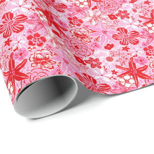 Preppy Palm Beach Print Roze en rode bloemen Cadeaupapier