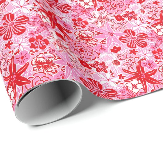 Preppy Palm Beach Print Roze en rode bloemen Cadeaupapier (Rol Hoek)