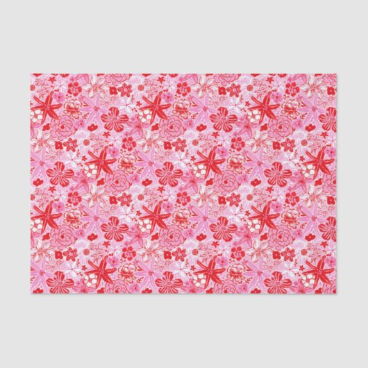 Preppy Palm Beach Print Roze en rode bloemen Tissuepapier (Voorkant)