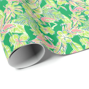Preppy Palm Beach Print Roze & Groene Flamingo's Cadeaupapier