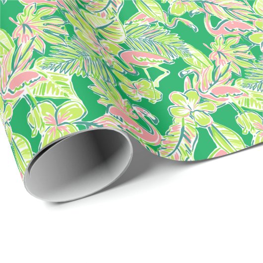 Preppy Palm Beach Print Roze & Groene Flamingo's Cadeaupapier (Rol Hoek)