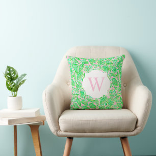 Preppy Palm Beach Print roze groene schelpen Monog Kussen