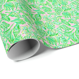 Preppy Palm Beach Print roze & groene zeeschelpen Cadeaupapier