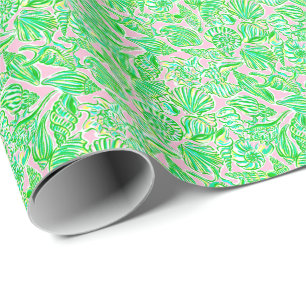 Preppy Palm Beach Print roze & groene zeeschelpen Cadeaupapier