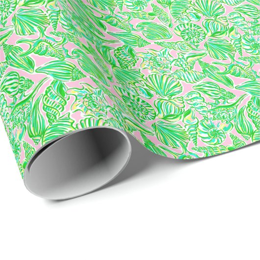 Preppy Palm Beach Print roze & groene zeeschelpen Cadeaupapier (Rol Hoek)