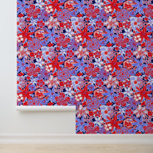 Preppy Palm Beach Rode, witte en blauwe bloemen Behang