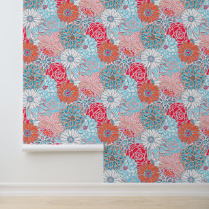 Preppy Palm Beach Rood Sinaasappel en Blauwe Bloem Behang