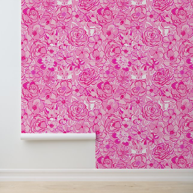Preppy Palm Beach Roze Bloemen & Vossen Behang (Applicatie)