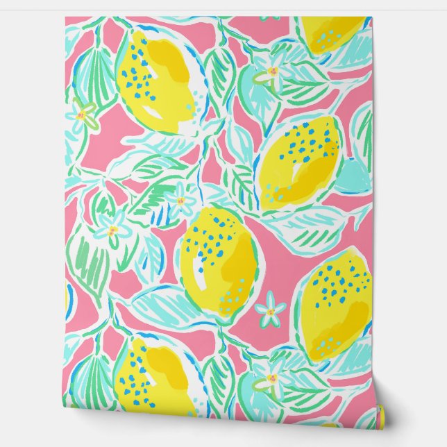 Preppy Palm Beach roze en gele citroenen Behang (Afrollen)