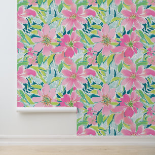 Preppy Palm Beach Roze en groene tropische bloemen Behang