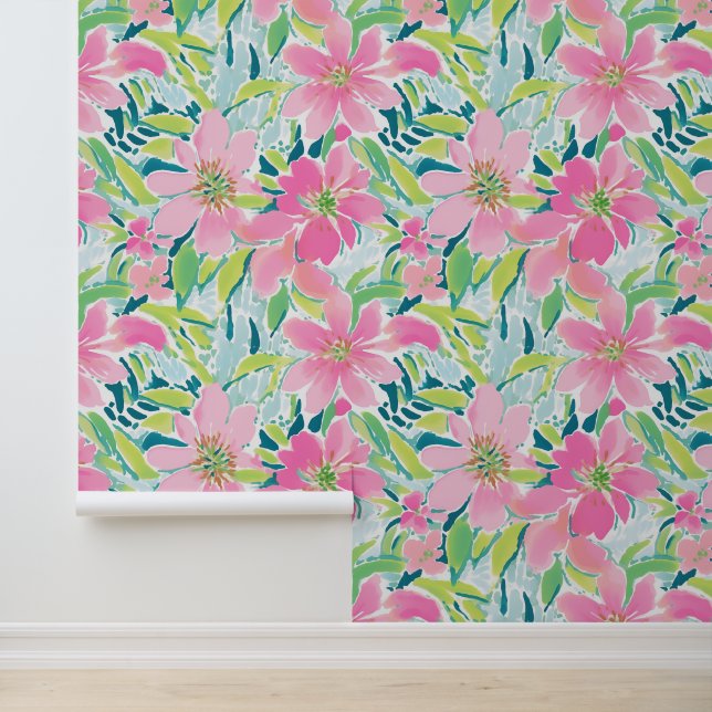 Preppy Palm Beach Roze en groene tropische bloemen Behang (Applicatie)