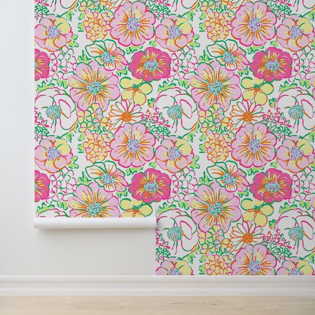 Preppy Palm Beach roze & gele bloemen Behang (Applicatie)