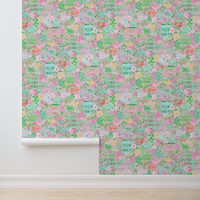 Preppy Palm Beach Roze & Groen Charleston Behang (Applicatie)