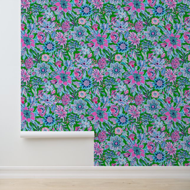 Preppy Palm Beach Roze & groene bloemen Behang (Applicatie)