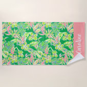 Preppy Palm Beach Roze Groene Flamingo Gepersonali Strandlaken (Voorkant)