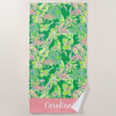 Preppy Palm Beach Roze Groene Flamingo Gepersonali Strandlaken (Voorkant)