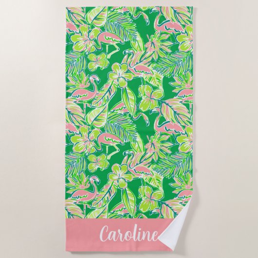 Preppy Palm Beach Roze Groene Flamingo Gepersonali Strandlaken (Voorkant)