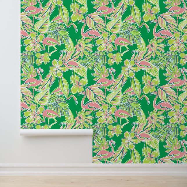 Preppy Palm Beach Roze & Groene Flamingo's Behang (Applicatie)