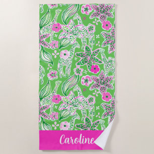 Preppy Palm Beach Roze Groene Giraffes Gepersonali Strandlaken