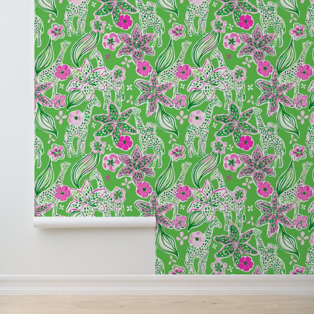Preppy Palm Beach Roze & Groene Jungle Giraffen Behang (Applicatie)