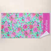 Preppy Palm Beach Roze Mint Bloemen gepersonalisee Strandlaken (Voorkant)