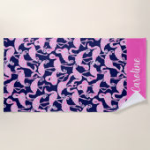 Preppy Palm Beach Roze Navy Flamingo gepersonalise Strandlaken (Voorkant)