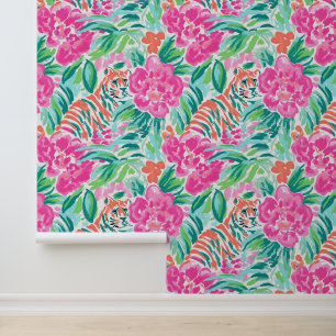 Preppy Palm Beach Tijgers en tropische bloemen Behang