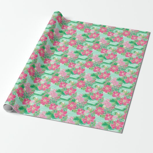 Preppy Palm Beach tropische bloemen patroon Cadeaupapier (Uitgerold)