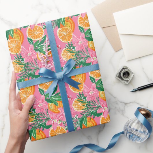 Preppy Palm Beach Tropische Sinaasappels Patroon Cadeaupapier (Geschenken)