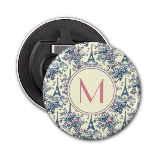 Preppy Parijse toiletmonogram Button Flesopener (Voorkant)