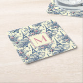 Preppy Paris Toile Roze en Blauw Monogram Kartonnen Onderzetters (Schuin)