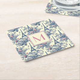 Preppy Paris Toile Roze en Blauw Monogram Kartonnen Onderzetters
