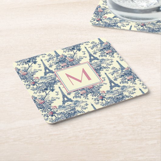 Preppy Paris Toile Roze en Blauw Monogram Kartonnen Onderzetters (Schuin)