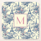 Preppy Paris Toile Roze en Blauw Monogram Kartonnen Onderzetters (Voorkant)