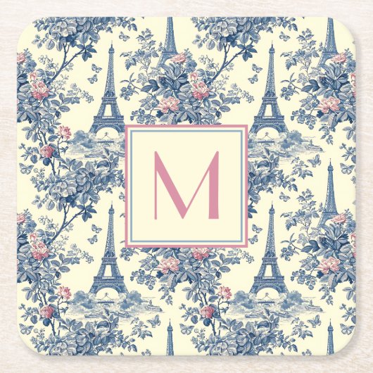 Preppy Paris Toile Roze en Blauw Monogram Kartonnen Onderzetters (Voorkant)