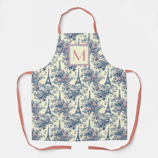 Preppy Paris Toile Roze en Blauw Monogram Schort (Voorkant)