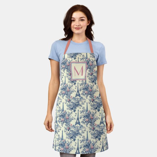Preppy Paris Toile Roze en Blauw Monogram Schort (Gedragen)