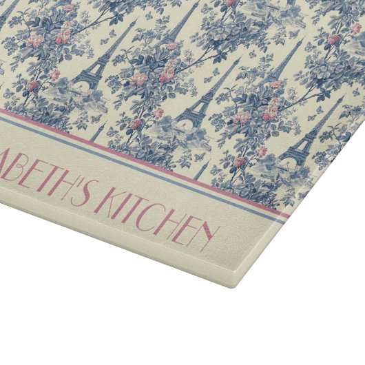 Preppy Paris Toile Roze en Blauw Monogram Snijplank (Hoek)