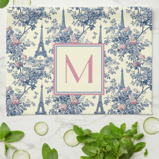 Preppy Paris Toile Roze en Blauw Monogram Theedoek (Gevouwen)