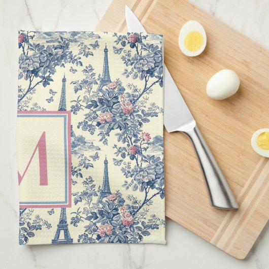 Preppy Paris Toile Roze en Blauw Monogram Theedoek (Quarter Fold)