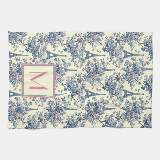 Preppy Paris Toile Roze en Blauw Monogram Theedoek (Horizontaal)