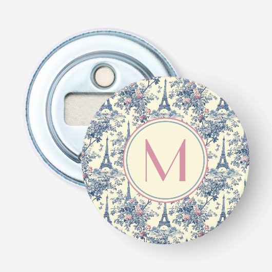 Preppy Parisian Toile Monogram Button Flesopener (Voorkant)