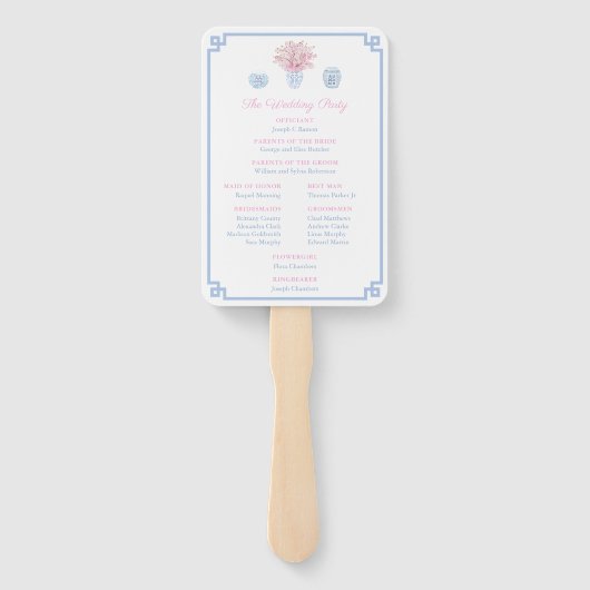 Preppy pastel blauw en roze chinoiserie bruiloft handwaaier (Achterkant)